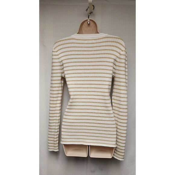 Nine West Womens Striped White/Gold Stretch Long Sleeve Sweater Size Large - Picture 3 of 6